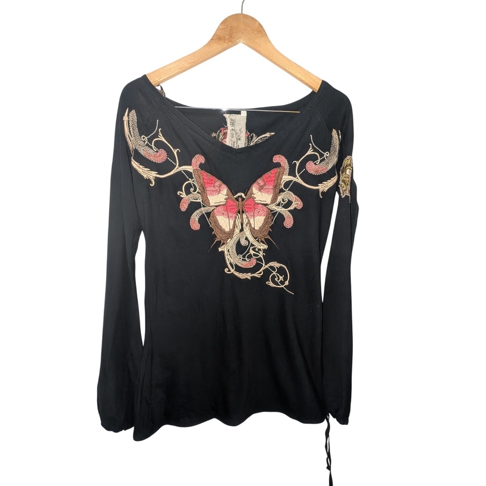 JWLA Johnny Was Black Butterfly Embroidered Long Sleeve Top V-Neck Boho M